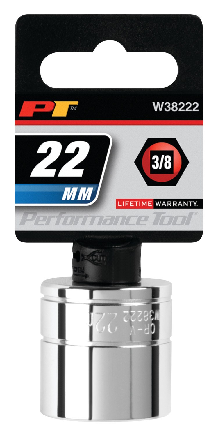 Performance Tool Socket, 3/8 Inch Drive, 22 Millimeter, Metric, 6 Point, Polished Nickel Chrome Plated, Vanadium Alloy Steel, Single – W38222