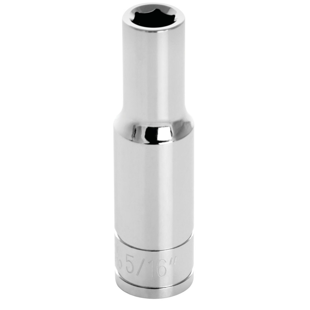 Performance Tool Socket, 3/8 Inch Drive, 5/16 Inch, Standard, Deep Socket, 6 Point, Polished Nickel Chrome Plated, Vanadium Alloy Steel – W38310