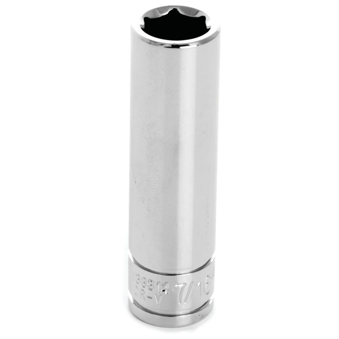 Performance Tool Socket, 3/8 Inch Drive, 7/16 Inch, Standard, Deep Socket, 6 Point, Polished Nickel Chrome Plated, Vanadium Alloy Steel – W38314