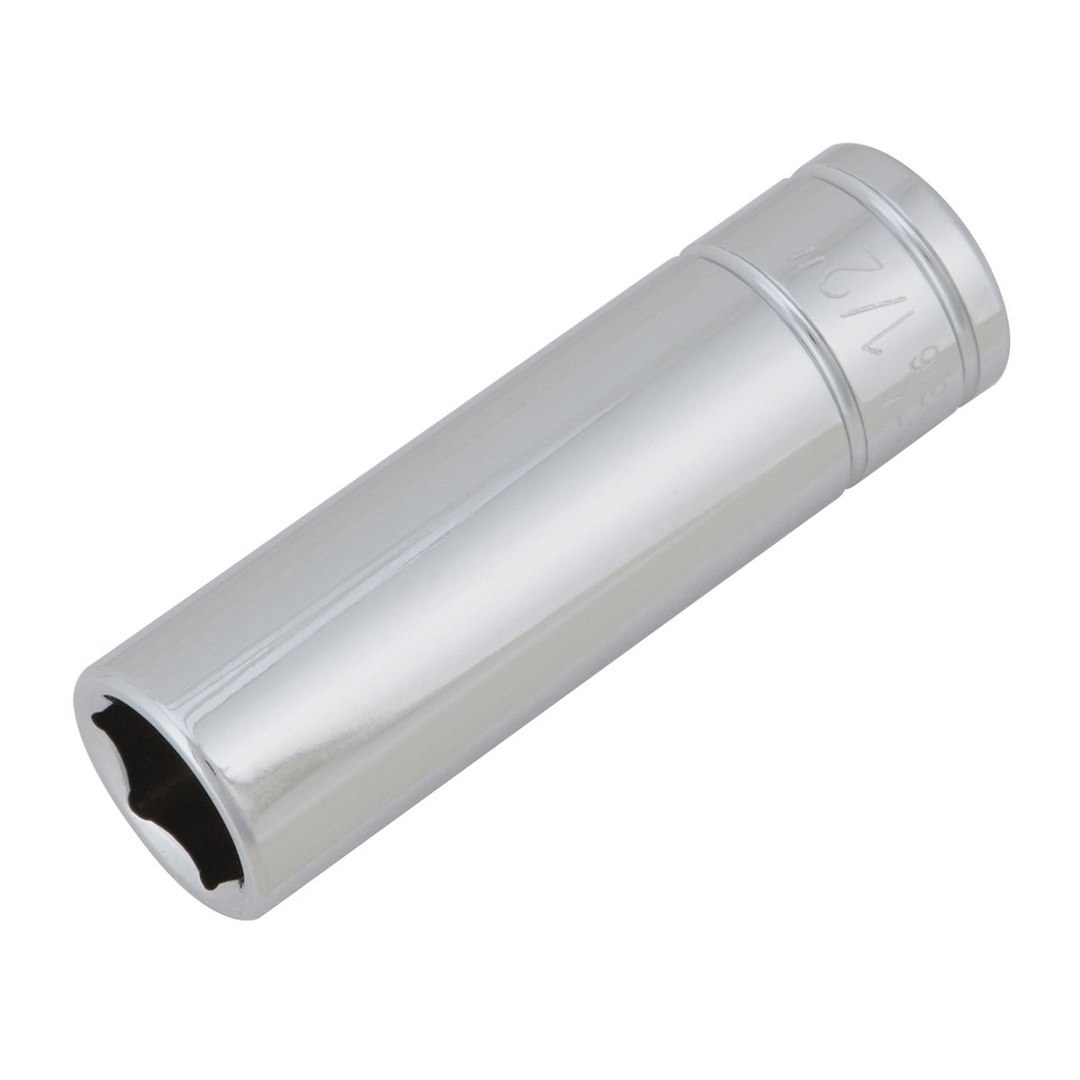 Performance Tool Socket, 3/8 Inch Drive, 1/2 Inch, Standard, Deep Socket, 6 Point, Polished Nickel Chrome Plated, Vanadium Alloy Steel – W38316