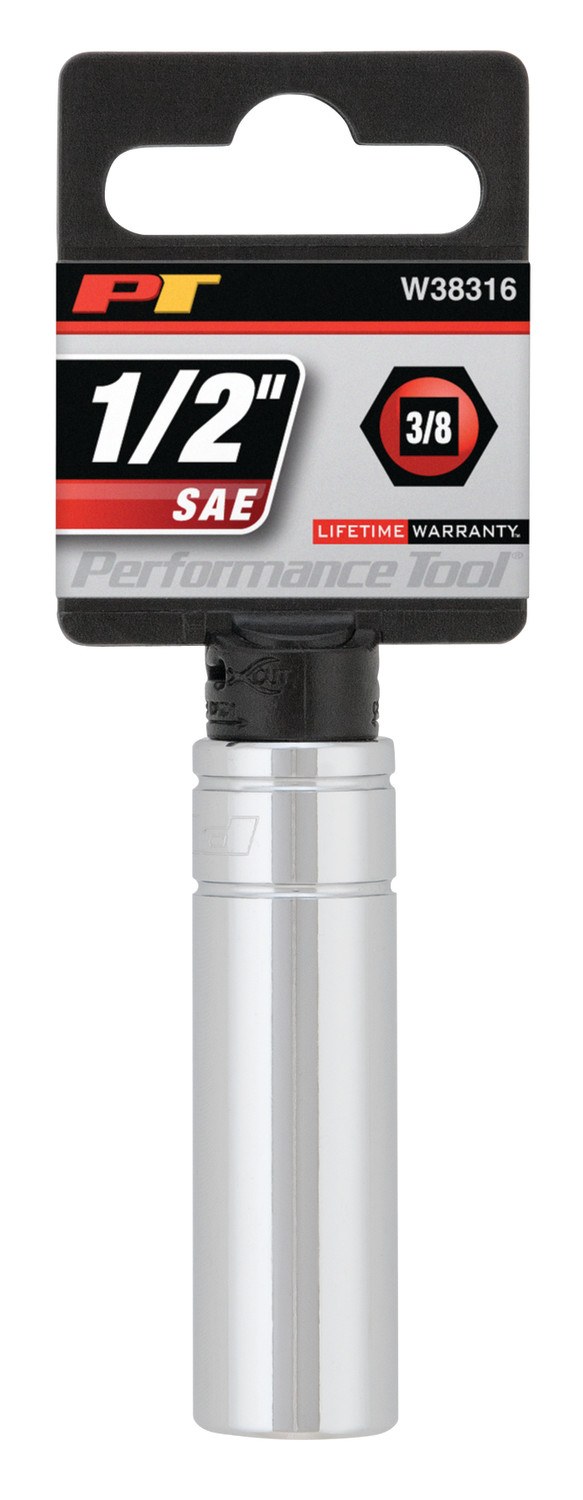 Performance Tool Socket, 3/8 Inch Drive, 1/2 Inch, Standard, Deep Socket, 6 Point, Polished Nickel Chrome Plated, Vanadium Alloy Steel – W38316