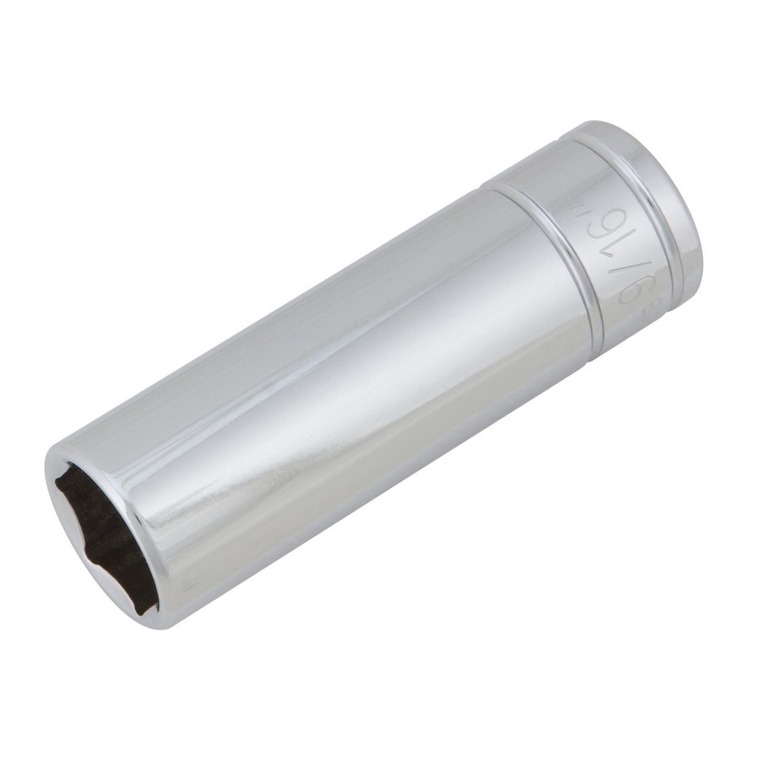 Performance Tool Socket, 3/8 Inch Drive, 9/16 Inch, Standard, Deep Socket, 6 Point, Polished Nickel Chrome Plated, Vanadium Alloy Steel – W38318
