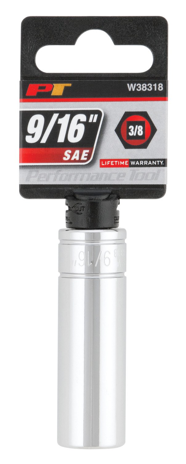 Performance Tool Socket, 3/8 Inch Drive, 9/16 Inch, Standard, Deep Socket, 6 Point, Polished Nickel Chrome Plated, Vanadium Alloy Steel – W38318