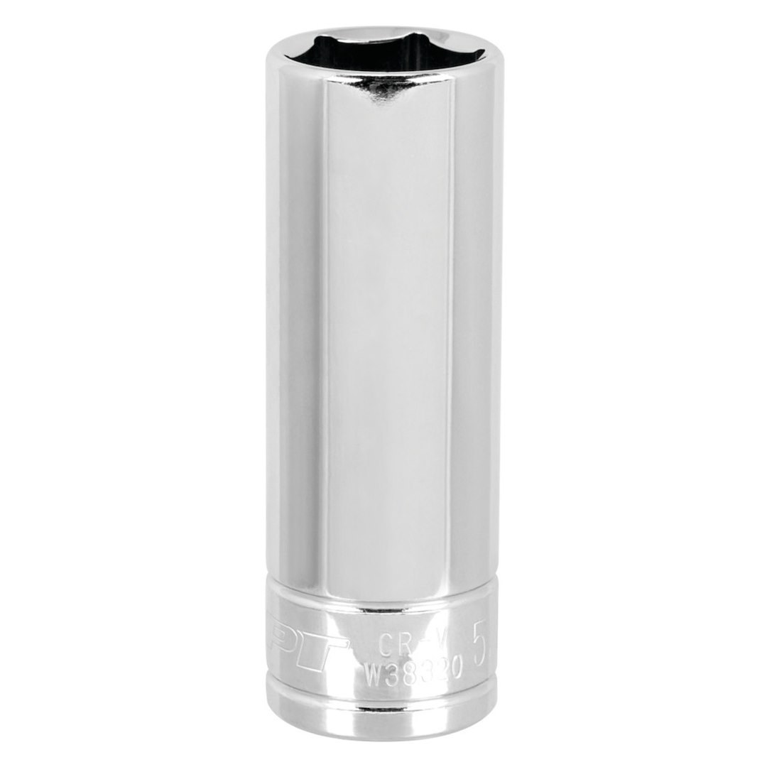 Performance Tool Socket, 3/8 Inch Drive, 5/8 Inch, Standard, Deep Socket, 6 Point, Polished Nickel Chrome Plated, Vanadium Alloy Steel – W38320