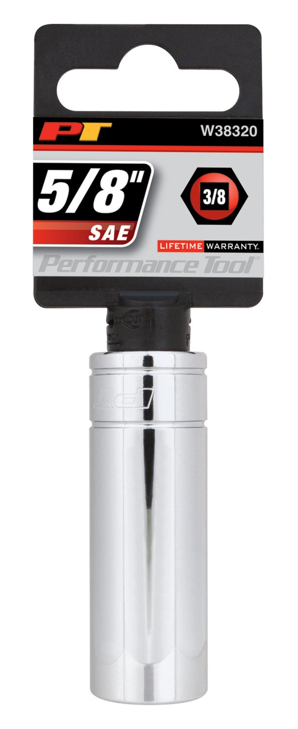 Performance Tool Socket, 3/8 Inch Drive, 5/8 Inch, Standard, Deep Socket, 6 Point, Polished Nickel Chrome Plated, Vanadium Alloy Steel – W38320