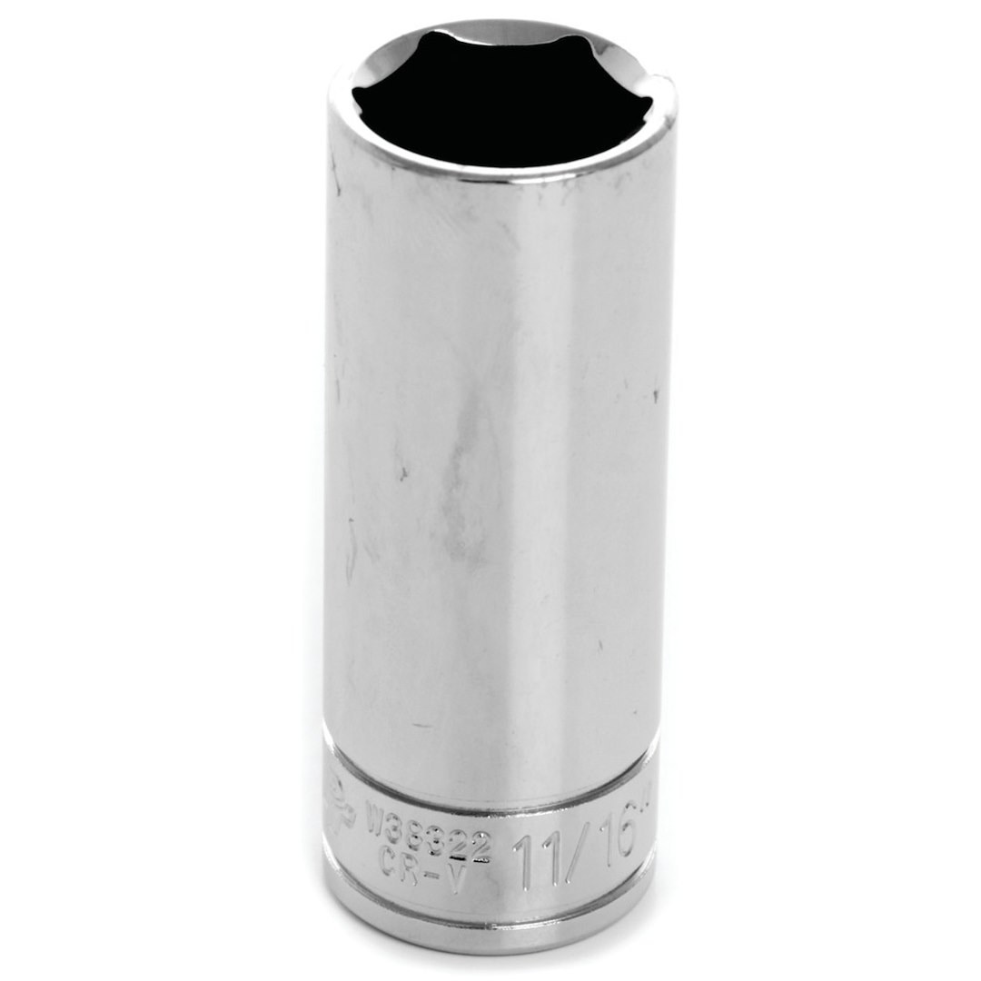 Performance Tool Socket, 3/8 Inch Drive, 11/16 Inch, Standard, Deep Socket, 6 Point, Polished Nickel Chrome Plated, Vanadium Alloy Steel – W38322