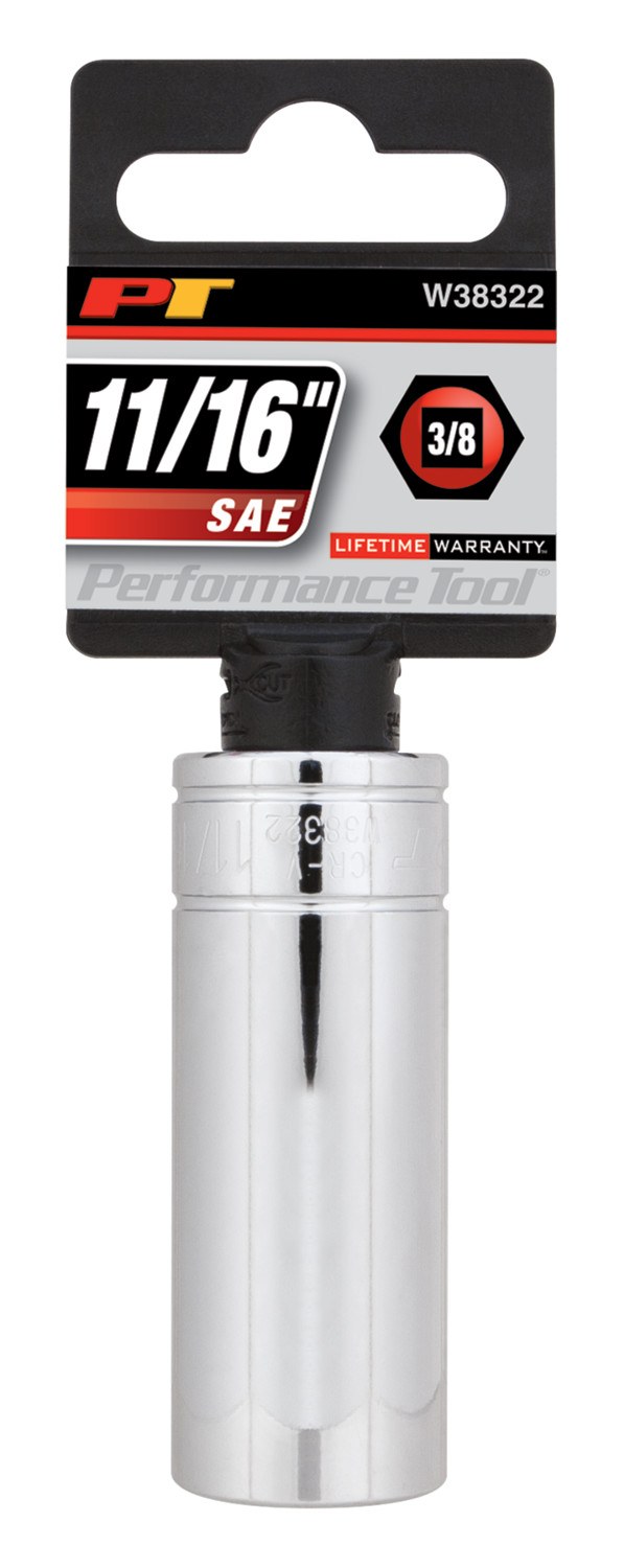 Performance Tool Socket, 3/8 Inch Drive, 11/16 Inch, Standard, Deep Socket, 6 Point, Polished Nickel Chrome Plated, Vanadium Alloy Steel – W38322