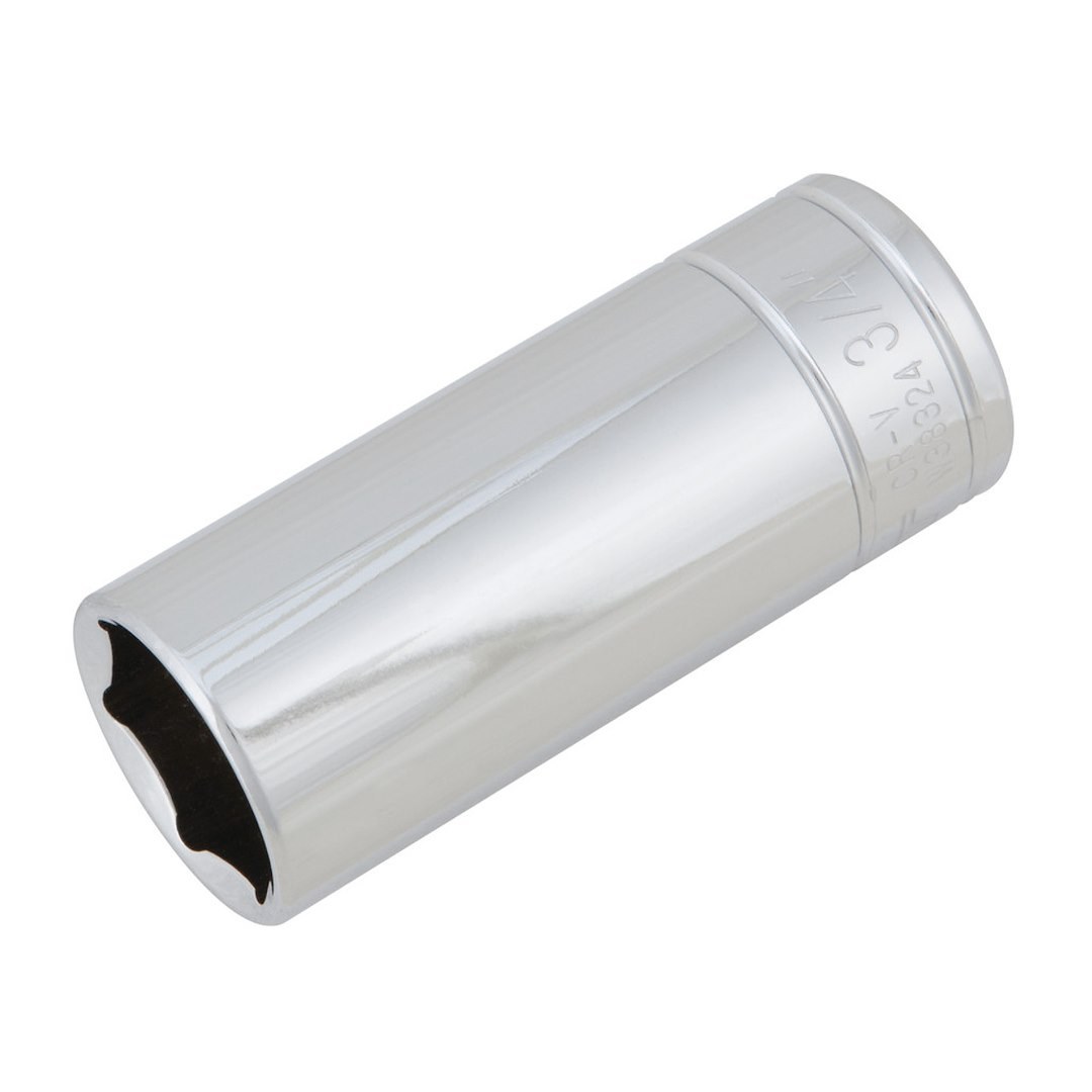 Performance Tool Socket, 3/8 Inch Drive, 3/4 Inch, Standard, Deep Socket, 6 Point, Polished Nickel Chrome Plated, Vanadium Alloy Steel – W38324