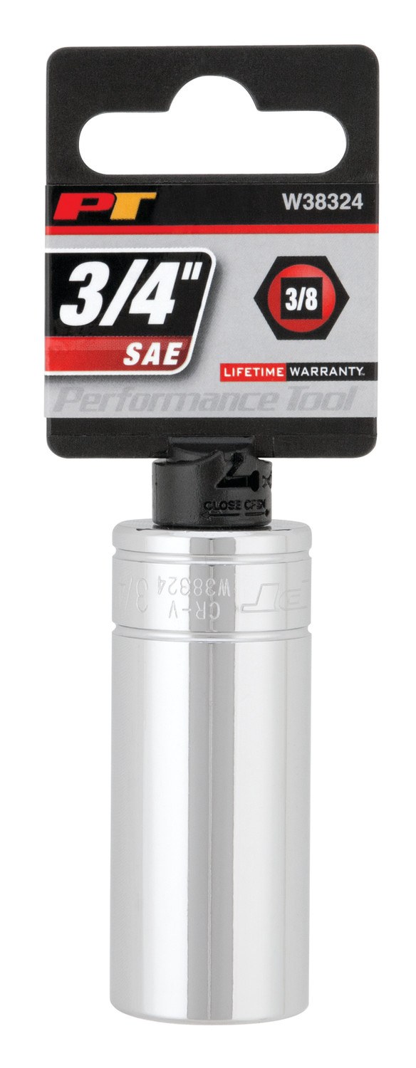 Performance Tool Socket, 3/8 Inch Drive, 3/4 Inch, Standard, Deep Socket, 6 Point, Polished Nickel Chrome Plated, Vanadium Alloy Steel – W38324