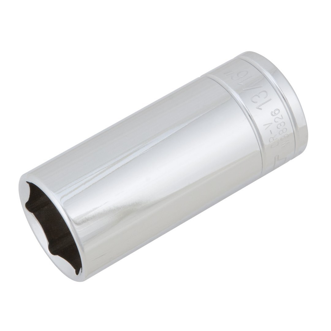 Performance Tool Socket, 3/8 Inch Drive, 13/16 Inch, Standard, Deep Socket, 6 Point, Polished Nickel Chrome Plated, Vanadium Alloy Steel – W38326