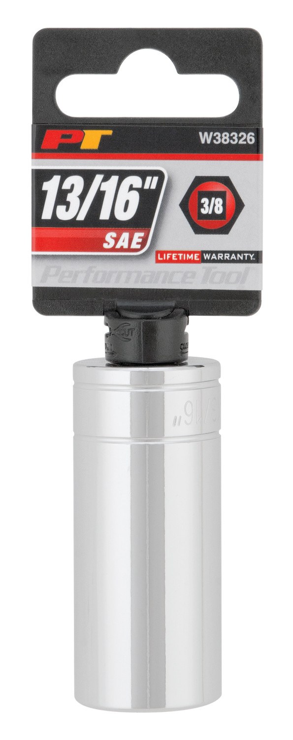 Performance Tool Socket, 3/8 Inch Drive, 13/16 Inch, Standard, Deep Socket, 6 Point, Polished Nickel Chrome Plated, Vanadium Alloy Steel – W38326