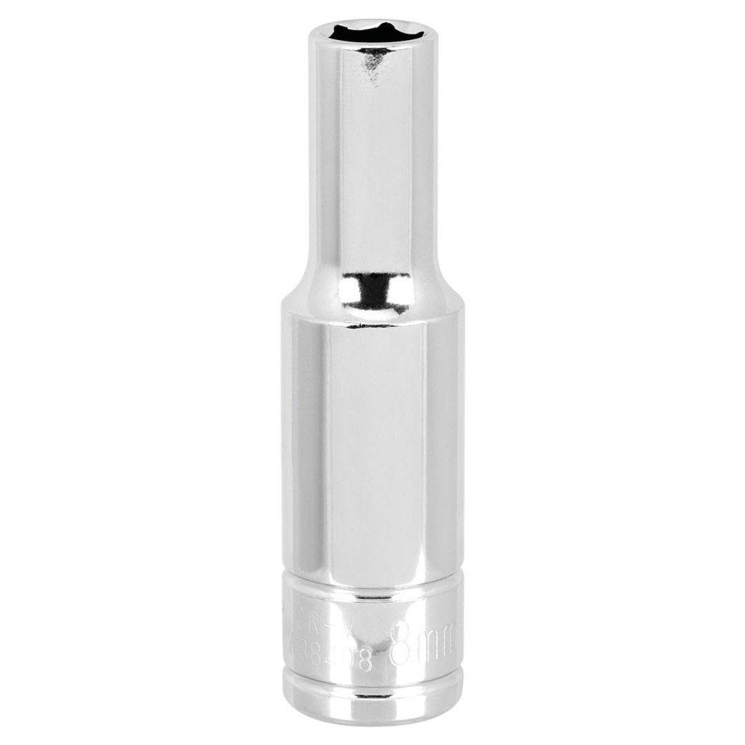 Performance Tool Socket, 3/8 Inch Drive, 8 Millimeter, Metric, Deep Socket, 6 Point, Polished Nickel Chrome Plated, Vanadium Alloy Steel – W38408
