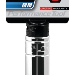 Performance Tool Socket, 3/8 Inch Drive, 8 Millimeter, Metric, Deep Socket, 6 Point, Polished Nickel Chrome Plated, Vanadium Alloy Steel – W38408