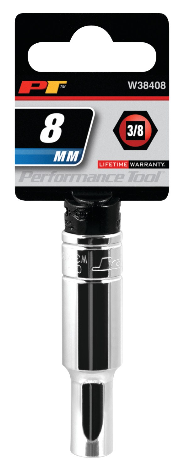 Performance Tool Socket, 3/8 Inch Drive, 8 Millimeter, Metric, Deep Socket, 6 Point, Polished Nickel Chrome Plated, Vanadium Alloy Steel – W38408
