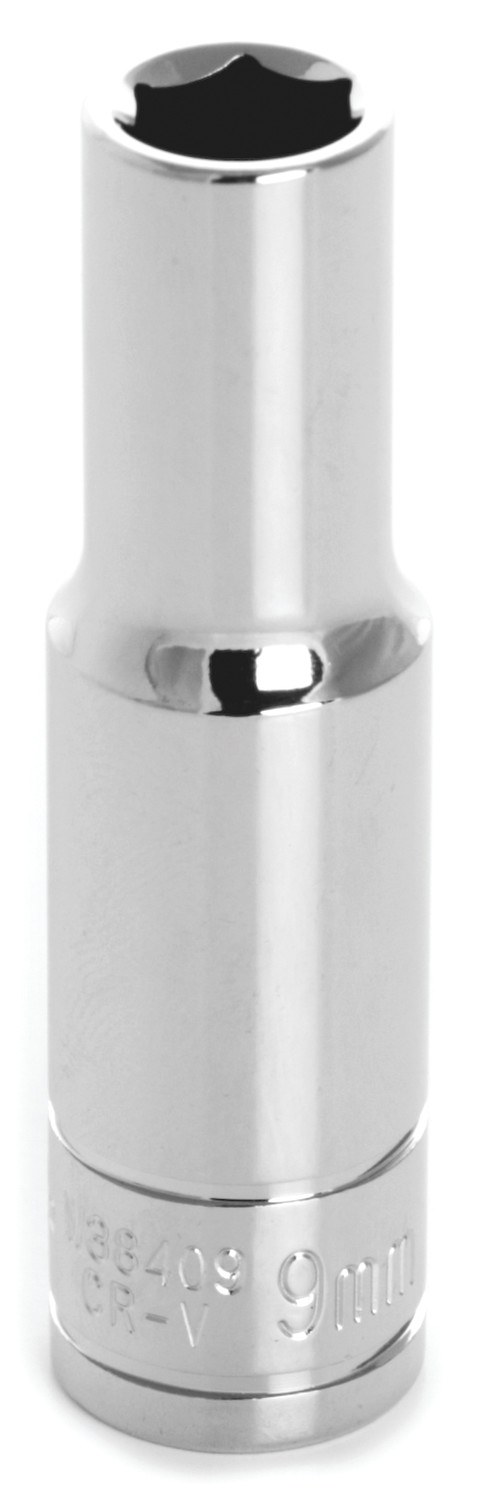 Performance Tool Socket, 3/8 Inch Drive, 9 Millimeter, Metric, Deep Socket, 6 Point, Polished Nickel Chrome Plated, Vanadium Alloy Steel – W38409