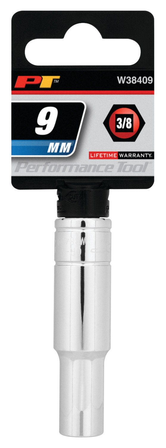Performance Tool Socket, 3/8 Inch Drive, 9 Millimeter, Metric, Deep Socket, 6 Point, Polished Nickel Chrome Plated, Vanadium Alloy Steel – W38409