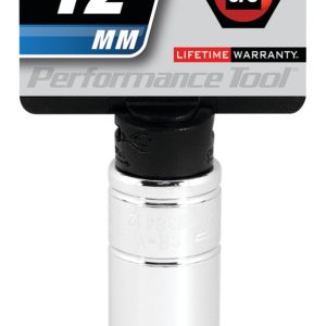 Performance Tool Socket, 3/8 Inch Drive, 12 Millimeter, Metric, Deep Socket, 6 Point, Polished Nickel Chrome Plated, Vanadium Alloy Steel – W38412