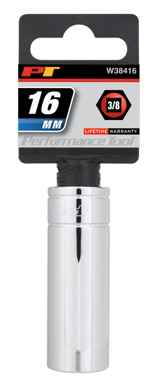 Performance Tool Socket, 3/8 Inch Drive, 16 Millimeter, Metric, Deep Socket, 6 Point, Polished Nickel Chrome Plated, Vanadium Alloy Steel – W38416