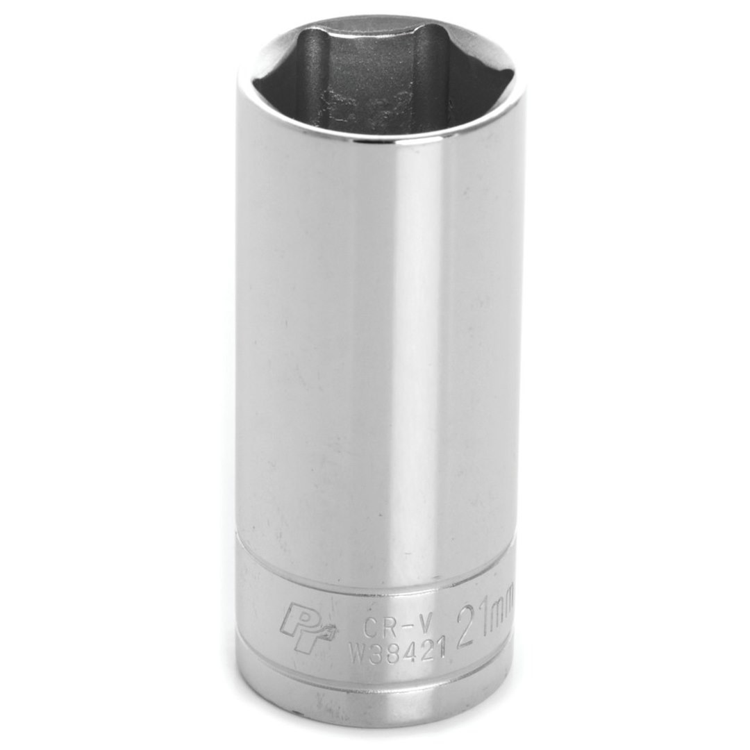 Performance Tool Socket, 3/8 Inch Drive, 21 Millimeter, Metric, Deep Socket, 6 Point, Polished Nickel Chrome Plated, Vanadium Alloy Steel – W38421
