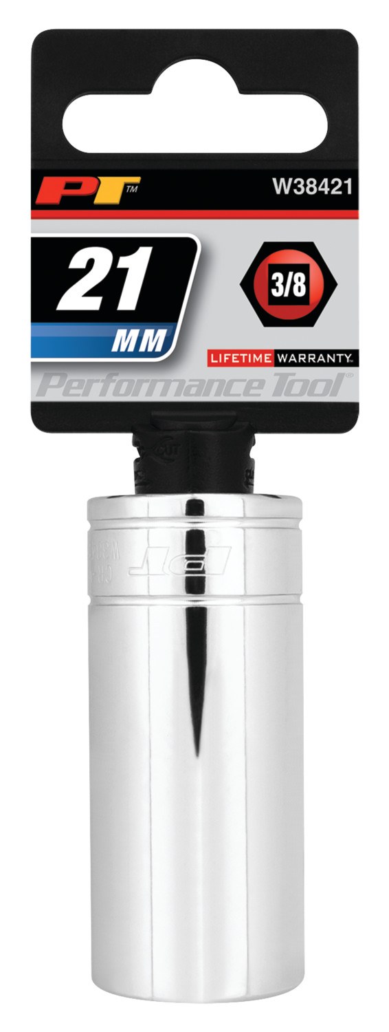 Performance Tool Socket, 3/8 Inch Drive, 21 Millimeter, Metric, Deep Socket, 6 Point, Polished Nickel Chrome Plated, Vanadium Alloy Steel – W38421