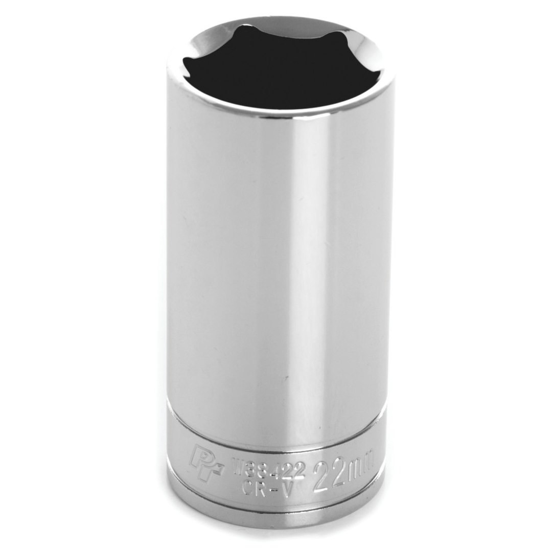 Performance Tool Socket, 3/8 Inch Drive, 22 Millimeter, Metric, Deep Socket, 6 Point, Polished Nickel Chrome Plated, Vanadium Alloy Steel – W38422