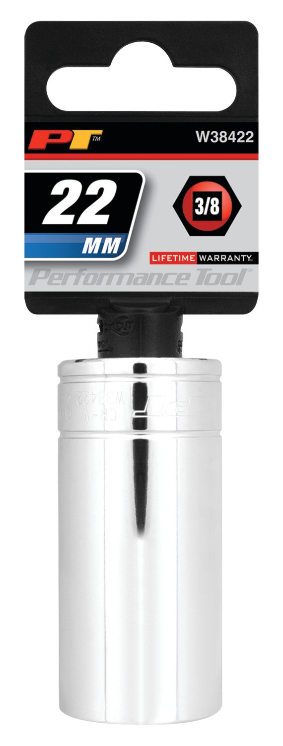 Performance Tool Socket, 3/8 Inch Drive, 22 Millimeter, Metric, Deep Socket, 6 Point, Polished Nickel Chrome Plated, Vanadium Alloy Steel – W38422