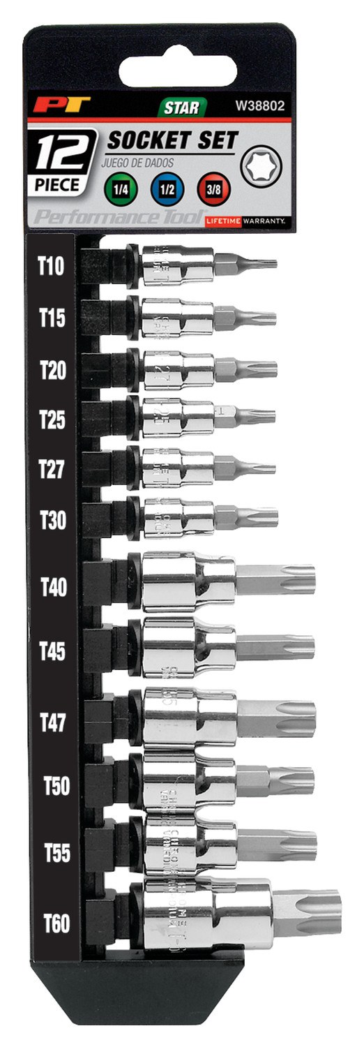Performance Tool Torx Bit, Use with 1/4 Inch/ 3/8 Inch and 1/2 Inch Drive Socket, Alloy Steel Bit with Chrome Vanadium Steel Sockets – W38802