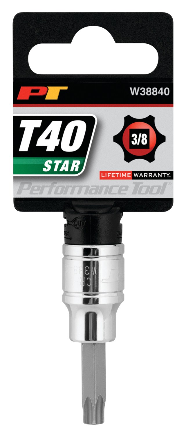 Performance Tool Torx Bit, Use with 3/8 Inch Drive Socket, 6 Point, T40, Polished, Alloy Steel Bit with Chrome Vanadium Steel Socket, Single – W38840