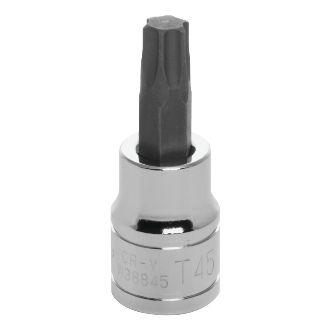 Performance Tool Torx Bit, Use with 3/8 Inch Drive Socket, 6 Point, T45, Polished, Alloy Steel Bit with Chrome Vanadium Steel Socket, Single – W38845