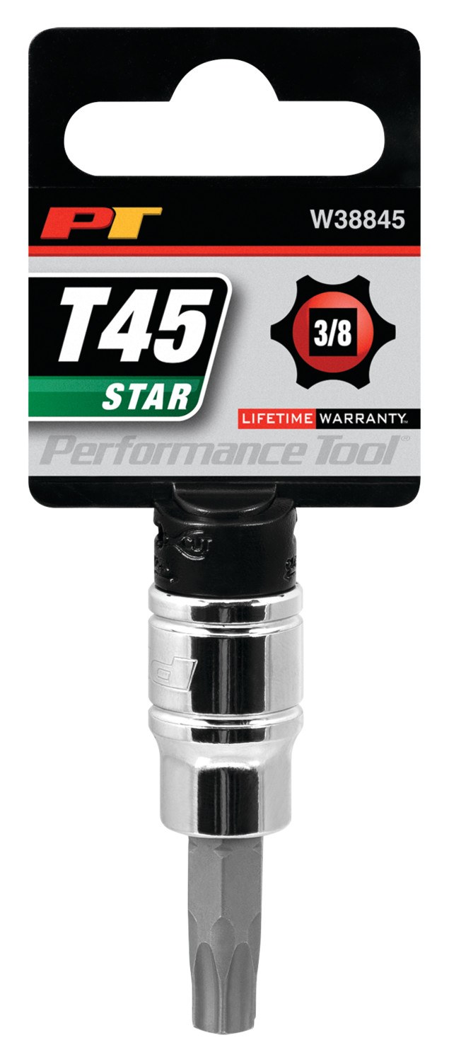 Performance Tool Torx Bit, Use with 3/8 Inch Drive Socket, 6 Point, T45, Polished, Alloy Steel Bit with Chrome Vanadium Steel Socket, Single – W38845