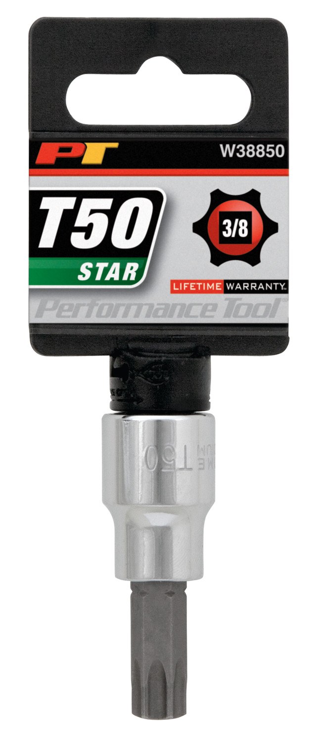 Performance Tool Torx Bit, Use with 3/8 Inch Drive Socket, 6 Point, T50, Polished, Alloy Steel Bit with Chrome Vanadium Steel Socket, Single – W38850