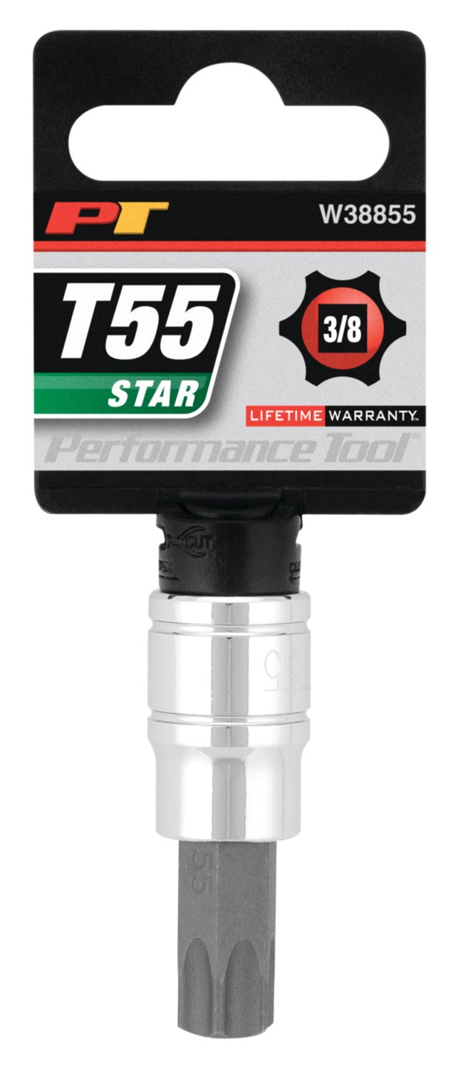 Performance Tool Torx Bit, Use with 3/8 Inch Drive Socket, 6 Point, T55, Polished, Alloy Steel Bit with Chrome Vanadium Steel Socket, Single – W38855