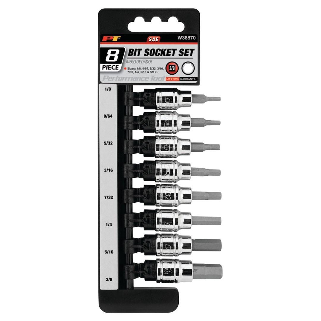 Performance Tool Socket Set, 3/8 Inch Drive, Standard, Hex Bit, With 1/8 Inch to 3/8 Inch Hex Bit, 8 Pieces – W38870