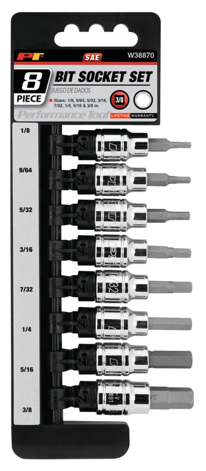 Performance Tool Socket Set, 3/8 Inch Drive, Standard, Hex Bit, With 1/8 Inch to 3/8 Inch Hex Bit, 8 Pieces – W38870