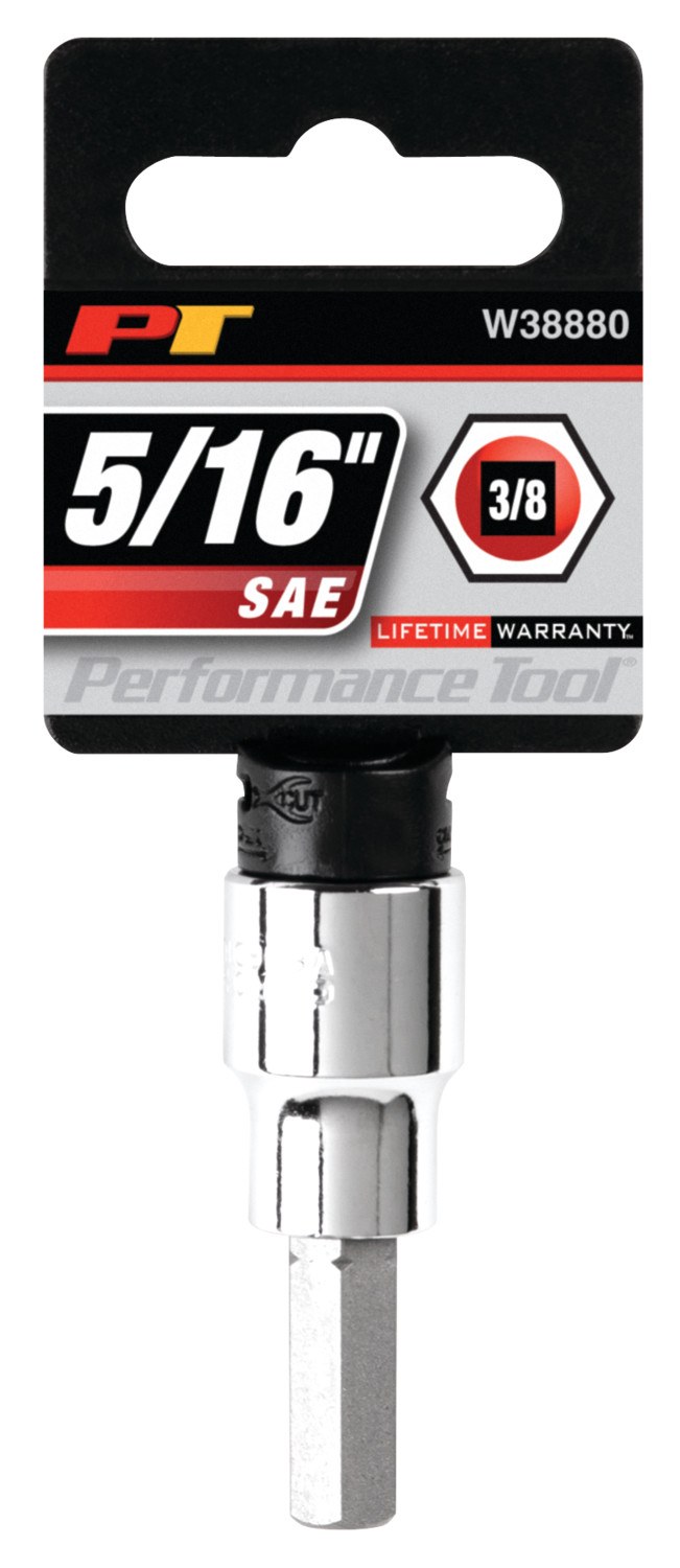 Performance Tool Socket, 3/8 Inch Drive, 5/16 Inch, Standard, Hex Bit Socket, Polished Nickel Chrome Plated, Vanadium Alloy Steel, Single – W38880