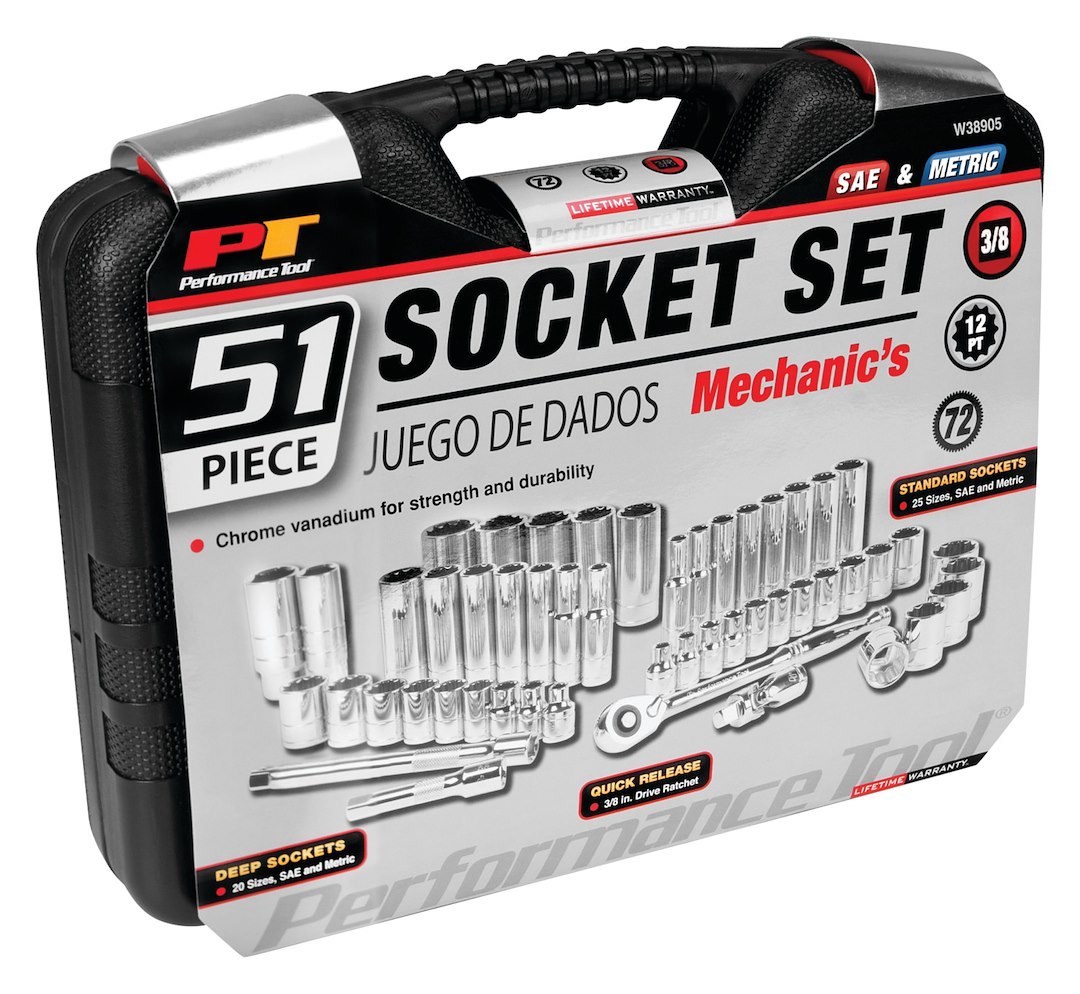 Performance Tool Socket Set, 3/8 Inch Drive, Standard/ Metric, Chrome Vanadium Steel – W38905