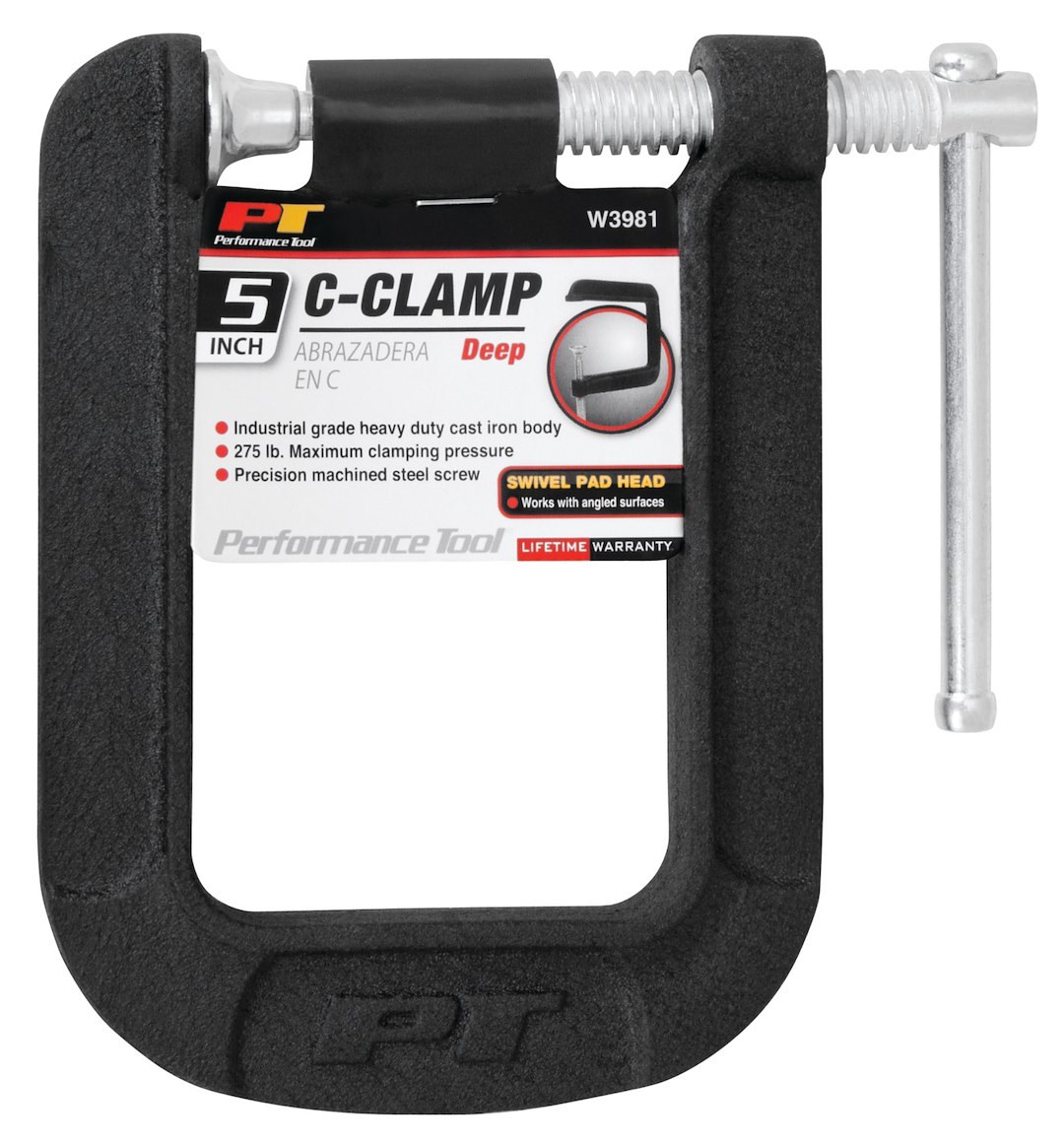 Performance Tool C Clamp, 2-3/4 Inch Jaw Opening, Deep Throat, 5 Inch Throat Depth, Powder Coated, Black, Cast Iron – W3981