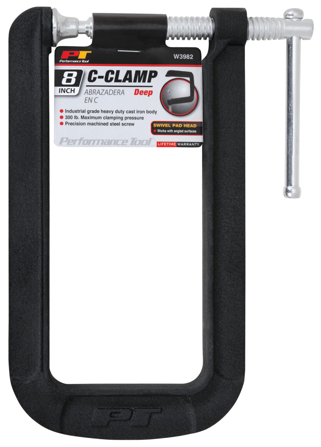 Performance Tool C Clamp, 3 Inch Jaw Opening, Deep Throat, 8 Inch Throat Depth, Powder Coated, Cast Iron – W3982