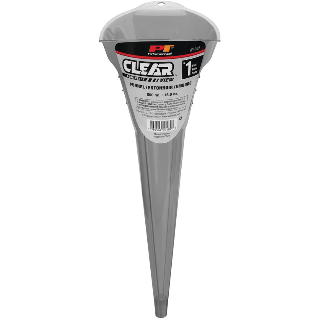 Performance Tool Funnel, Clear View™, Round, Long Reach, 1 Pint Capacity, Transparent, Polypropylene – W4052