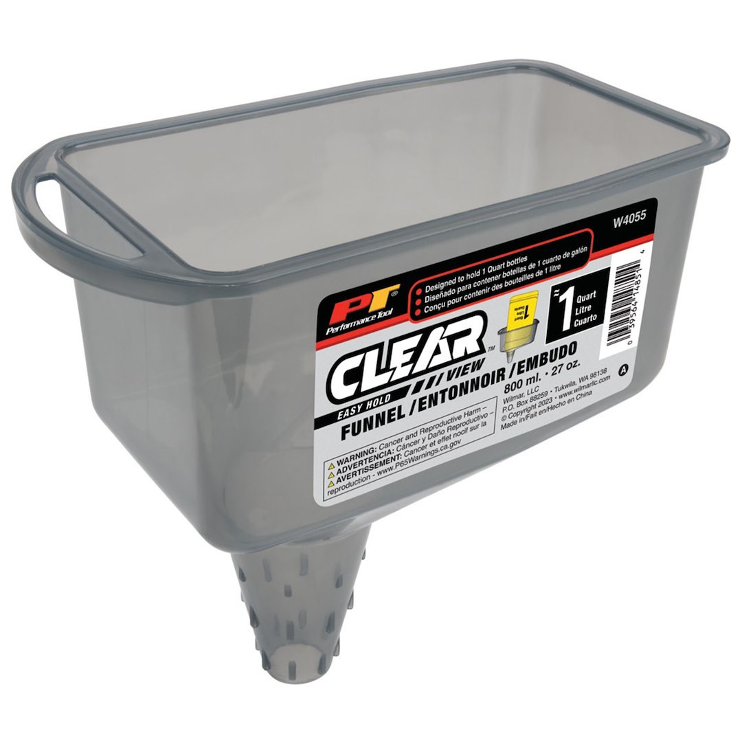 Performance Tool Funnel, Clear View™, Rectangular, Easy Hold, Ridged Spout, 1.7 Pint Capacity, Transparent, Polypropylene – W4055