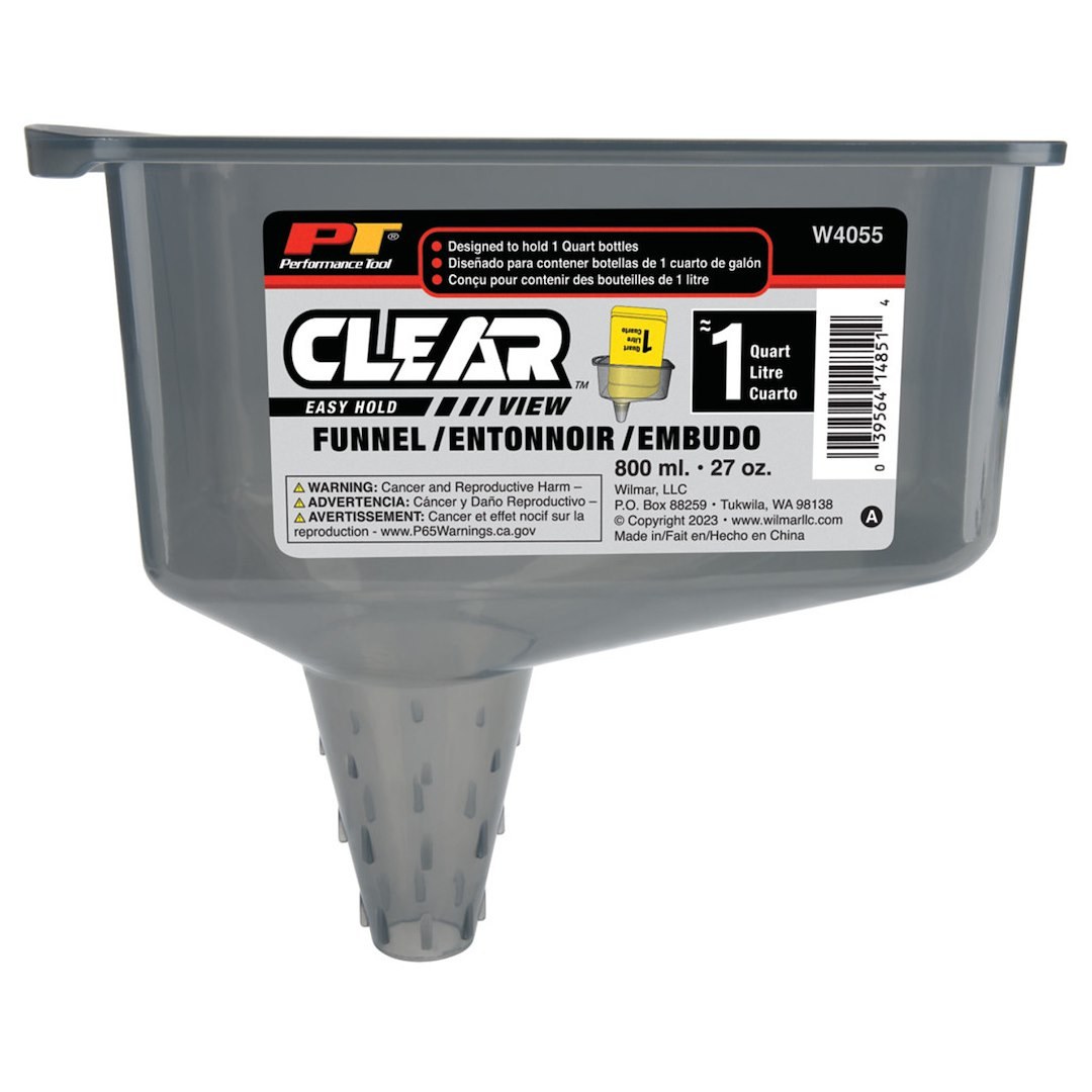 Performance Tool Funnel, Clear View™, Rectangular, Easy Hold, Ridged Spout, 1.7 Pint Capacity, Transparent, Polypropylene – W4055
