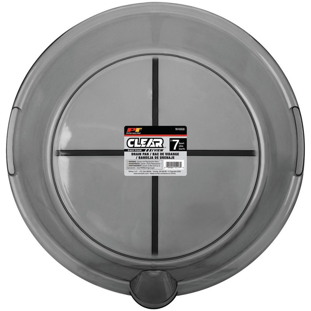 Performance Tool Drain Pan, 7 Quart Capacity, 13-1/2 Inch Top Diameter X 11 Inch Base Diameter, 4 Inch Height, Transparent, Polypropylene – W4068