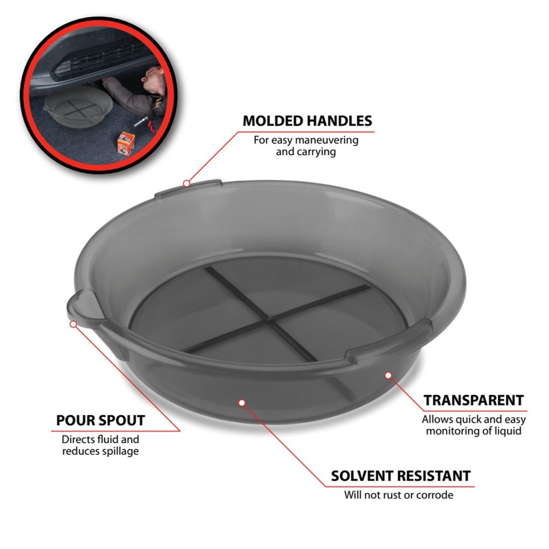 Performance Tool Drain Pan, 7 Quart Capacity, 13-1/2 Inch Top Diameter X 11 Inch Base Diameter, 4 Inch Height, Transparent, Polypropylene – W4068