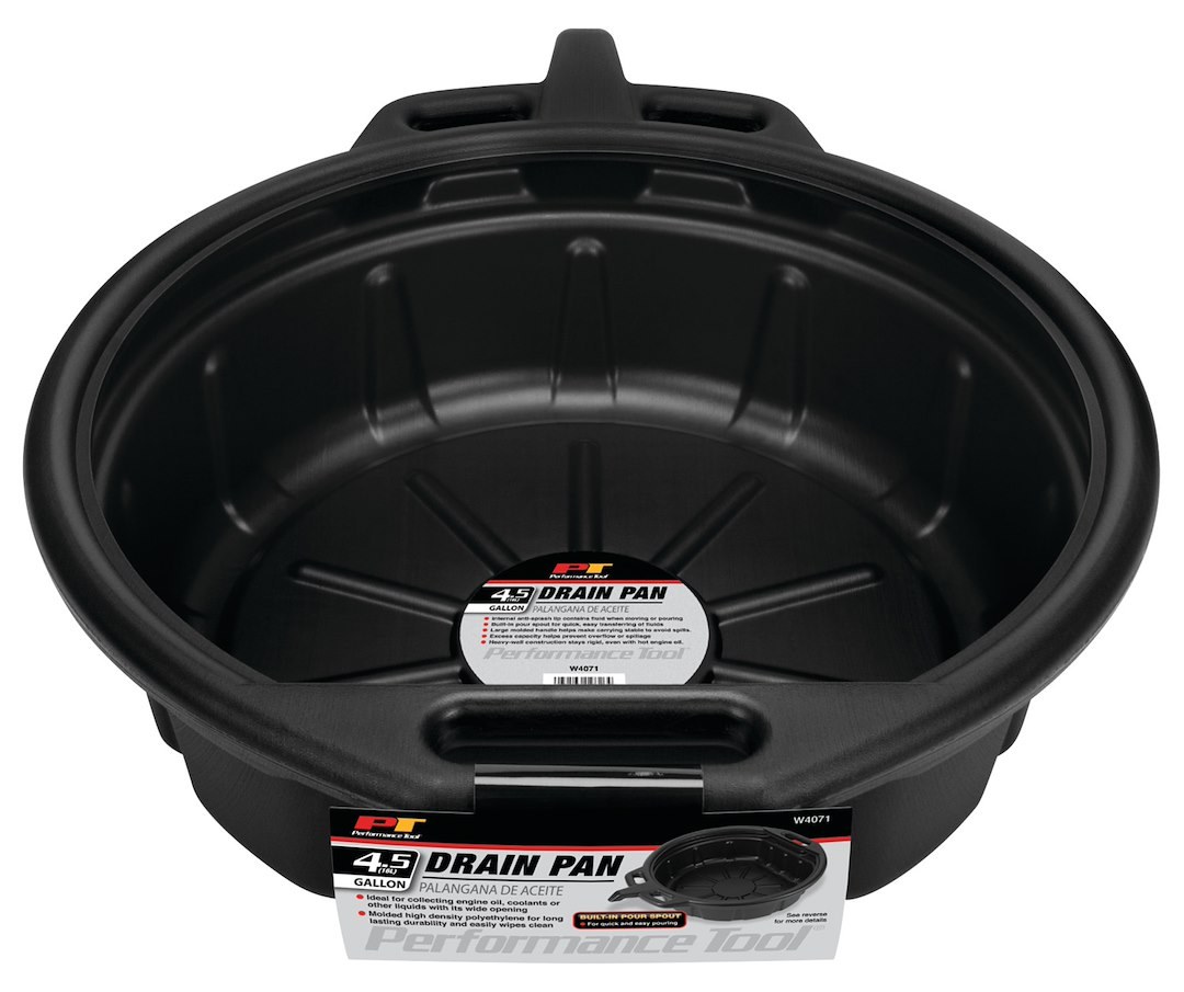Performance Tool Drain Pan, 4-1/2 Gallon Capacity, Black, Polyethylene, With Handle – W4071