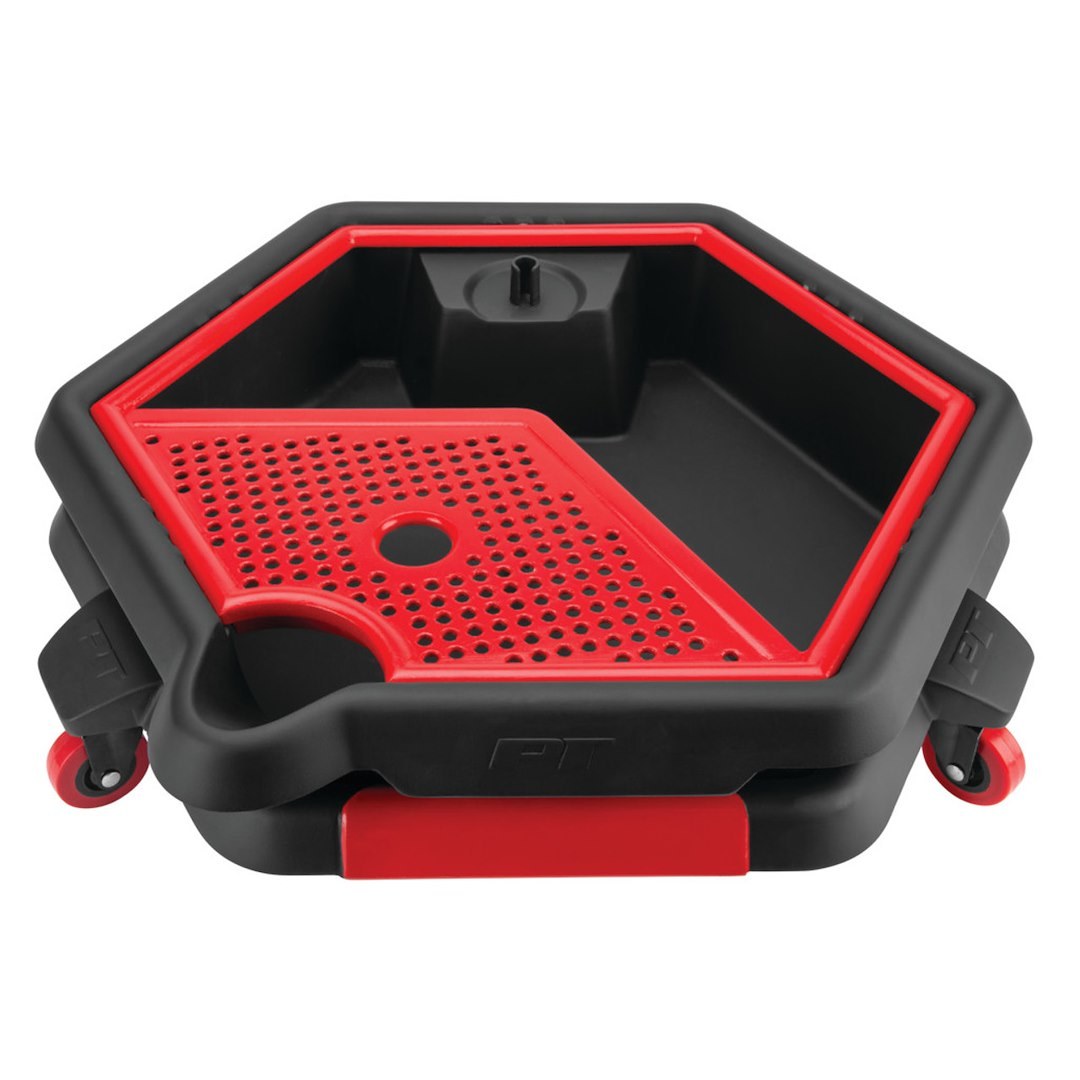 Performance Tool Drain Pan, 2 IN 1, 8 Liter Capacity, 18-1/2 Inch Wide Hexagon, 5-3/8 Inch Height, Black/ Red, Polypropylene, Without Handle – W4074