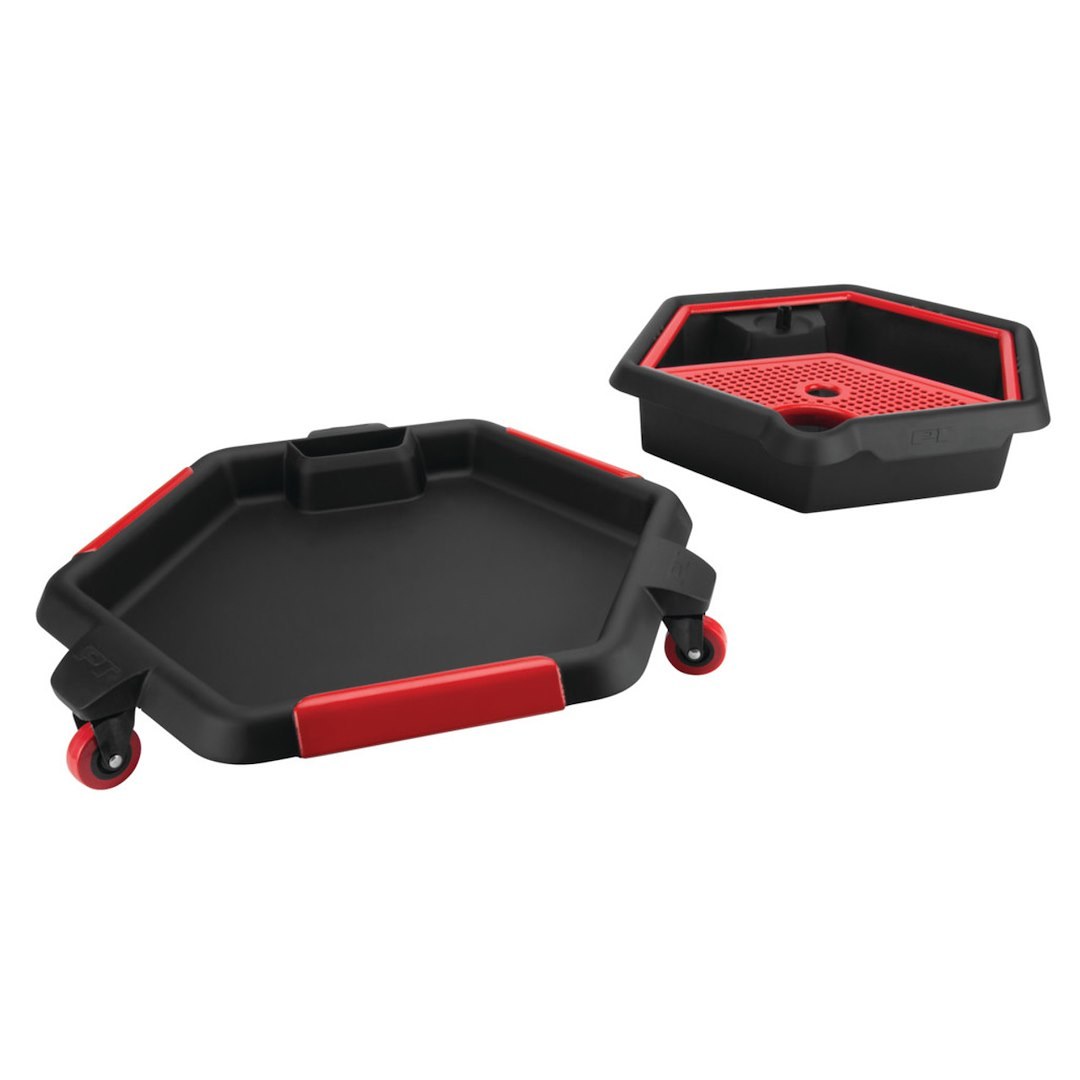 Performance Tool Drain Pan, 2 IN 1, 8 Liter Capacity, 18-1/2 Inch Wide Hexagon, 5-3/8 Inch Height, Black/ Red, Polypropylene, Without Handle – W4074