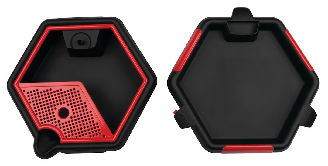 Performance Tool Drain Pan, 2 IN 1, 8 Liter Capacity, 18-1/2 Inch Wide Hexagon, 5-3/8 Inch Height, Black/ Red, Polypropylene, Without Handle – W4074