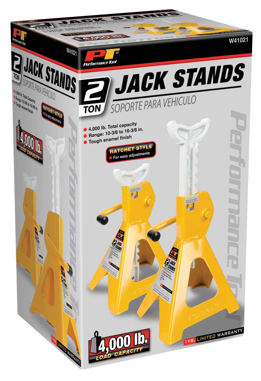 Performance Tool Jack Stand, 2 Ton Capacity, Ratchet Style, 6-11/16 Inch X 6-15/16 Inch Base, 10-3/4 Inch Minimum Height – W41021