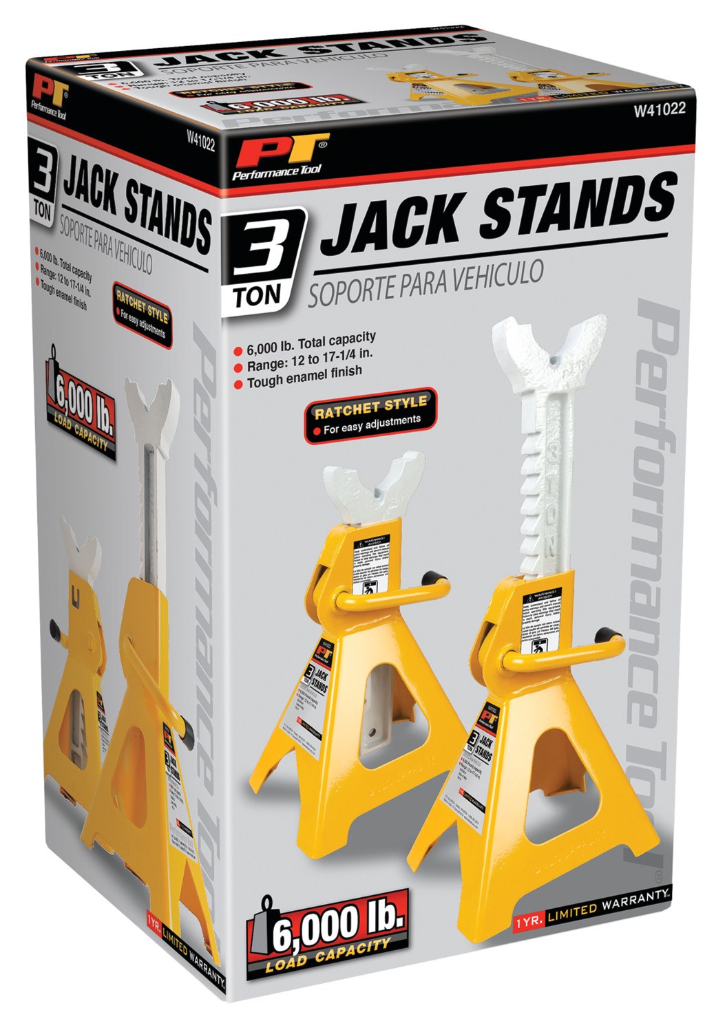Performance Tool Jack Stand, 3 Ton Capacity, Ratchet Style, 6-7/8 Inch X 7-5/8 Inch Base, 11-1/4 Inch Minimum Height – W41022