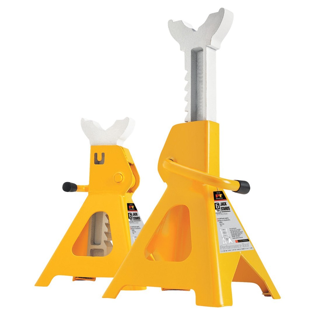 Performance Tool Jack Stand, 6 Ton Capacity, Ratchet Style, 9-5/8 Inch X 10-15/16 Inch Base, 15-1/2 Inch Minimum Height – W41023
